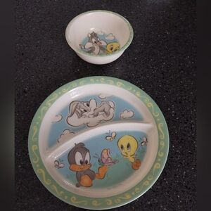 Looney Tunes Tweety Bird, Bugs Bunny Plate With A Matching Bowl. Vintage